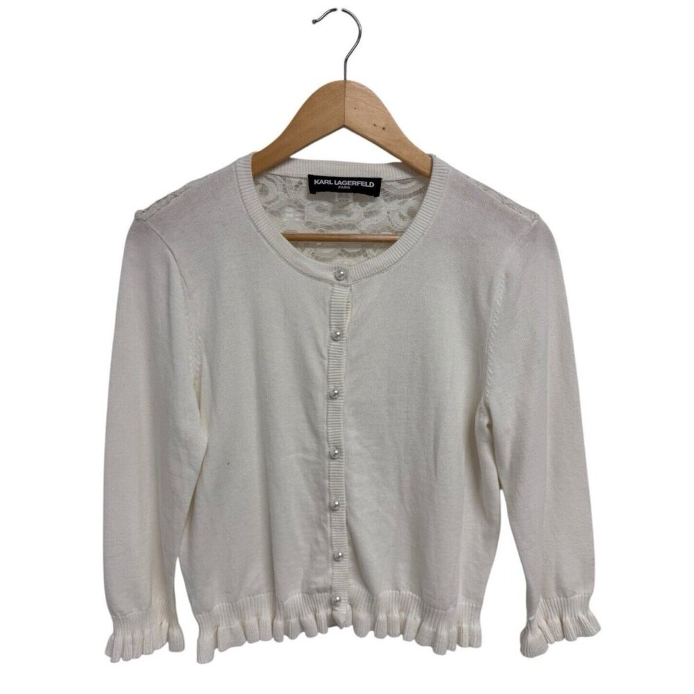 Karl Lagerfeld Paris women's cardigan sweater white laces back size M